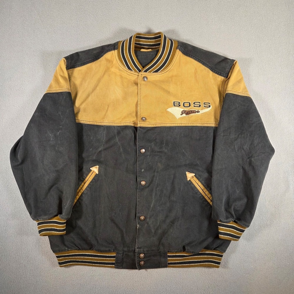 Vintage Boss Jeans Jacket Mens XL Black Bomber Snap Button Oversized 90s Retro